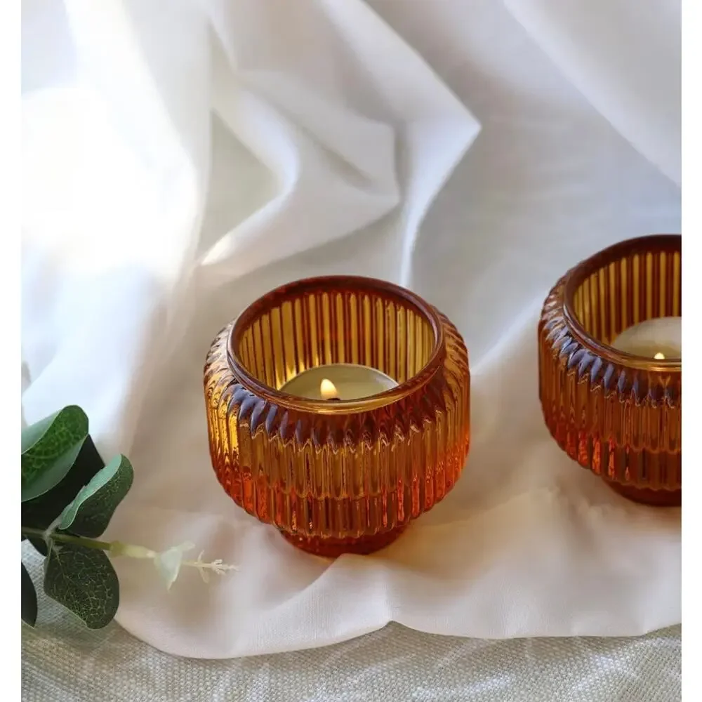 Amber Glass Votive Tea Light Candle Holders Set of 4 Home Hygge Cottagecore